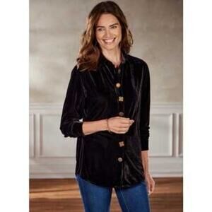 Soft Surroundings Filigree Velvet Long Sleeve Boyfriend Shirt Black Womens Small